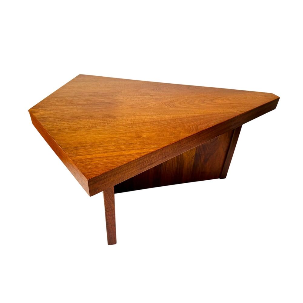 Vintage MCM Triangular Veneer Coffee Table with Geometric Pedestal Base